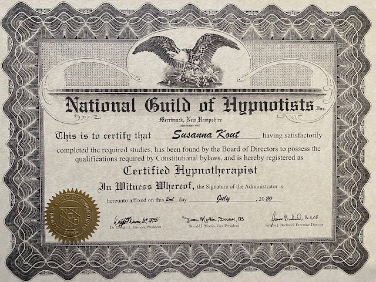 Certified Hypnotherapist, National Guild of Hypnotists