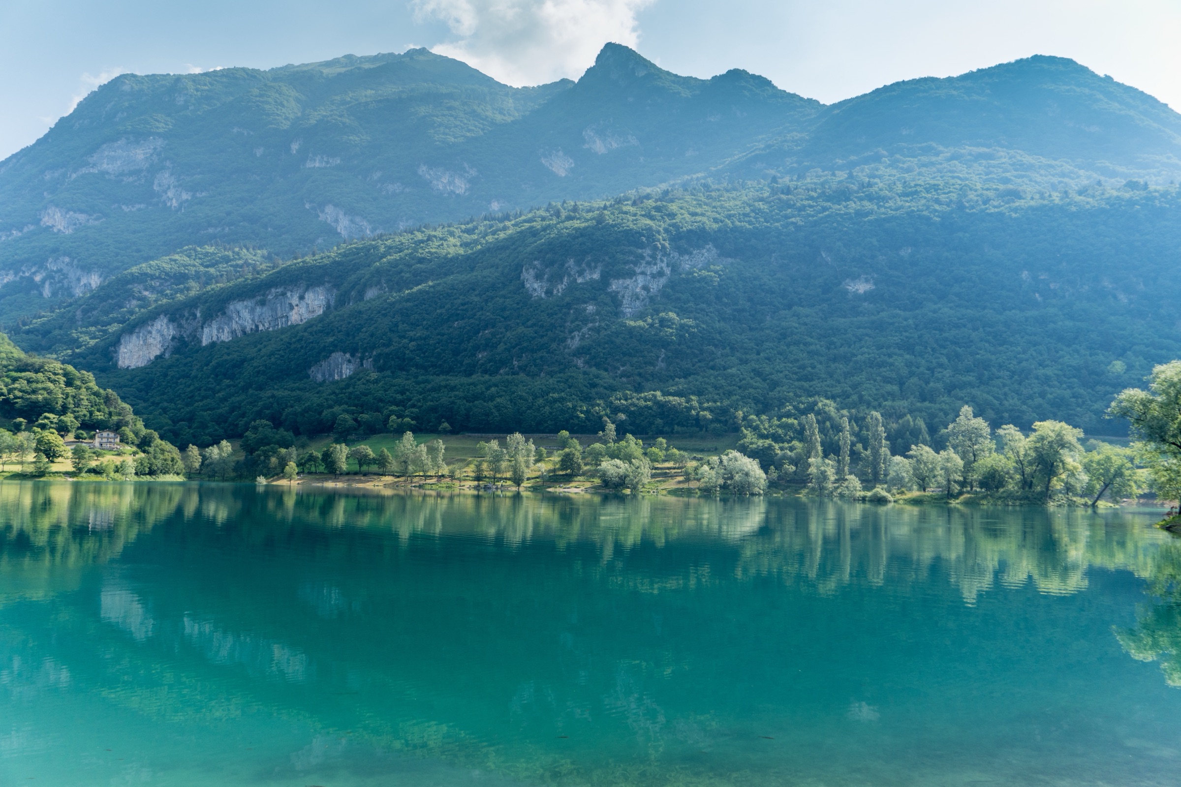 Ruhiger Bergsee mit bewaldeten Hängen
