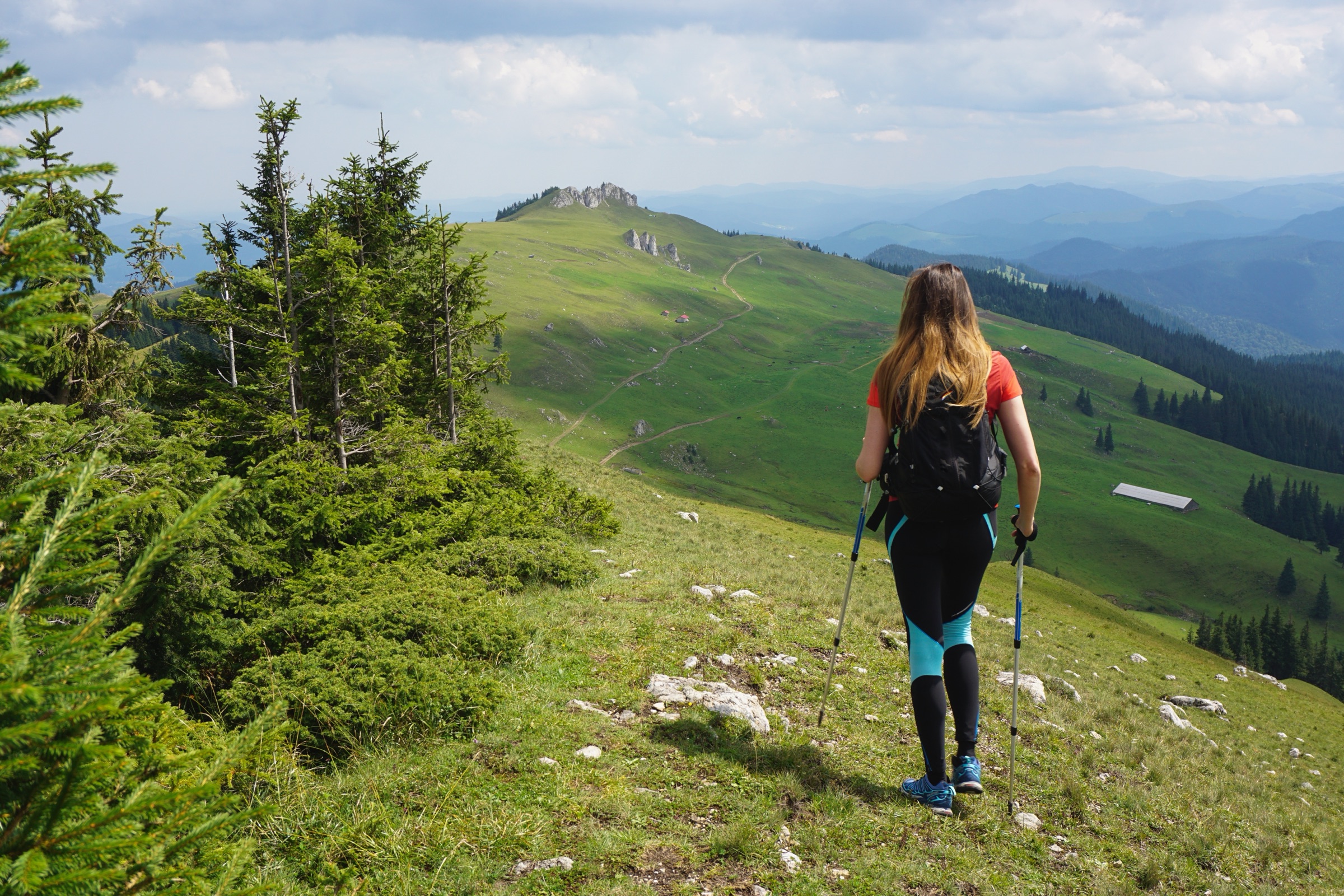 Wanderin mit Stöcken auf einem Bergweg, von hinten, Blick ins Tal